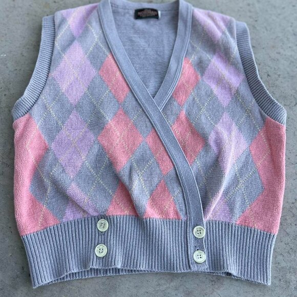 Vintage 80s 90s Sweater Vest Made in USA Argyle Print Vest Women's Large - Picture 5 of 7